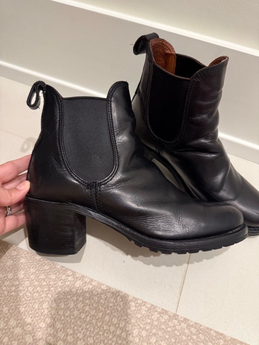 Frye Black Leather Chelsea Block Heel Ankle Boots